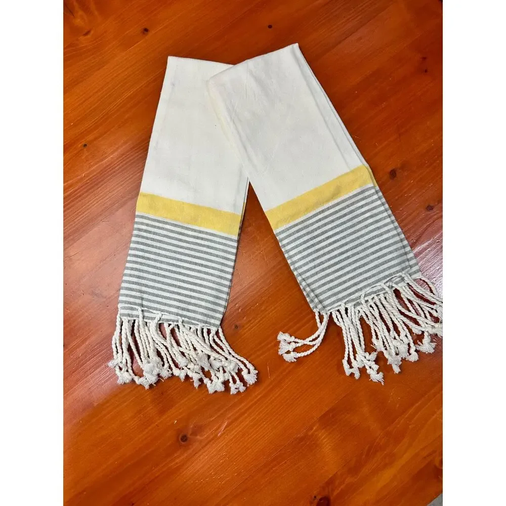 Set of 2 Cotton Kitchen Towels - White with Gray Stripes and Yellow Accent